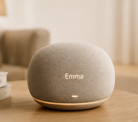 Designstudie Emma Pebble: kompaktes, rundes Gerät mit warmem beigefarbenem Stoffbezug, dezenter „Emma“-Schrift und warmem Lichtring auf einem Holztisch