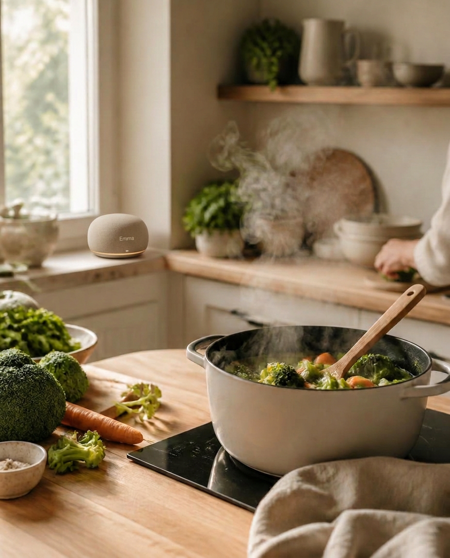 Warme Küche beim Kochen: Brokkoli und Gemüse in einem dampfenden Topf, im Hintergrund kocht jemand; auf der Arbeitsplatte steht das kompakte runde Emma-Gerät mit Stoffbezug
